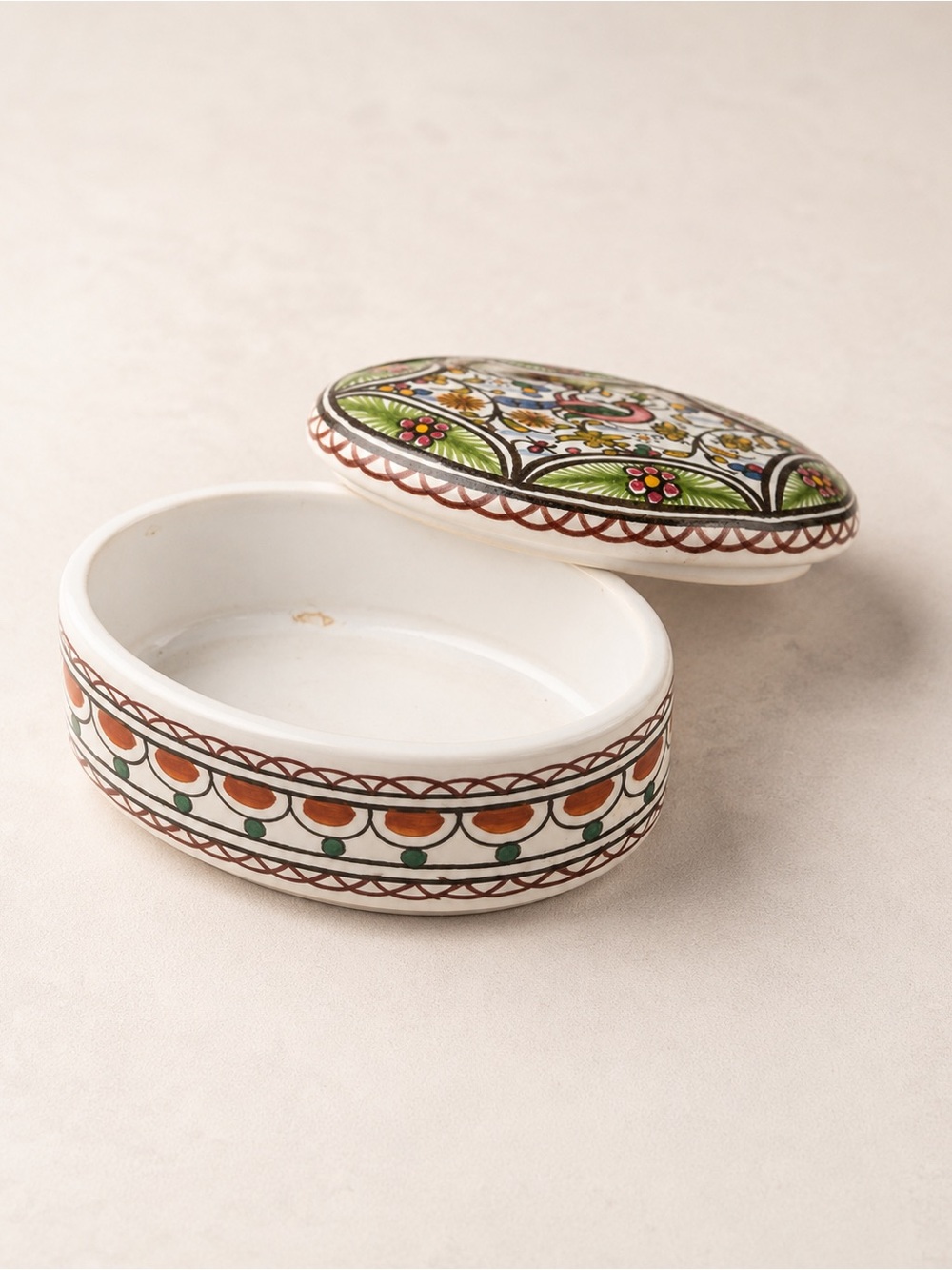 Conimbriga Portugal Hand Painted Ceramic Trinket Jewelry Box Floral Vintage